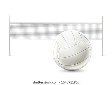 Realistic volleyball net with ball white mockup. Beach volley competition  design. Vector volley tournament decoration.