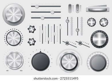 Realistic volume controls. Steel elements, audio equalization mixer dials, metal sliders, regulators and twirlers, chrome buttons, chrome dials, faders and switches, qualitative vector isolated set