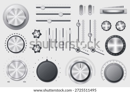 Realistic volume controls. Steel elements, audio equalization mixer dials, metal sliders, regulators and twirlers, chrome buttons, chrome dials, faders and switches, qualitative vector isolated set