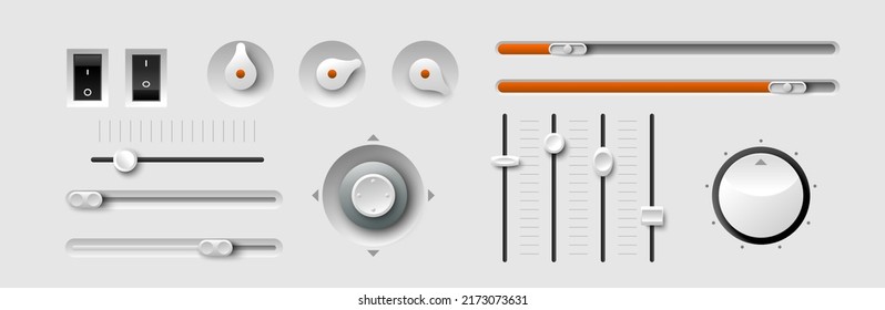 Realistic volume dial vector. Metal and plastic radio knob. Stereo sound round tuner, slider and button. Fader and tumbler with control scale. 3D panel switcher set illustration
