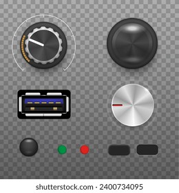 Realistic volume dial vector. Metal and plastic radio knob. Stereo sound round tuner, slider and button.