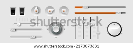 Realistic volume dial vector. Metal and plastic radio knob. Stereo sound round tuner, slider and button. Fader and tumbler with control scale. 3D panel switcher set illustration