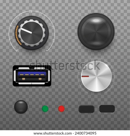 Realistic volume dial vector. Metal and plastic radio knob. Stereo sound round tuner, slider and button.