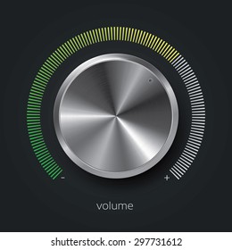 Realistic volume knob on dark background with metal texture and gradient scale, vector illustration