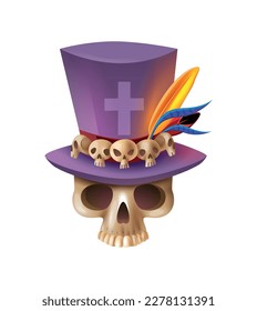 Realistic voodoo occult human skull in hat with feathers vector illustration