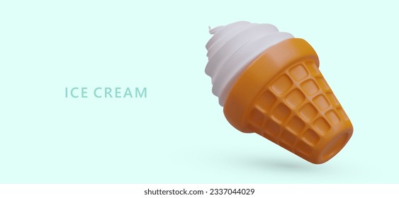 Realistic waffle cone with soft swirled ice cream. Sweet cold dessert. Cute commercial banner, place for text, promotional offer. Advertisement of ice cream making equipment