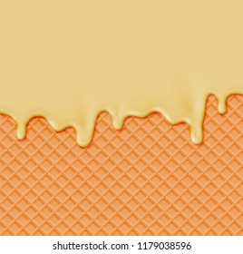 Realistic waffle with melting cream on it, vector illustration