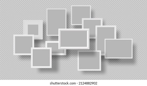 Realistic wall blank floating photo frames mockup. 3d empty picture frame for gallery. White wood borders for art exhibition vector banner. Illustration of blank empty realistic picture