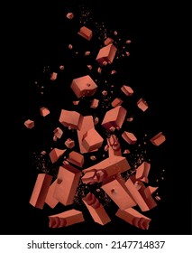 Realistic wall breaking composition with falling bricks on black background vector illustration