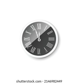 Realistic wall clock with black dial and roman numerals, 3d vector illustration isolated on white background. Round quartz clock with retro arrows indicating time.