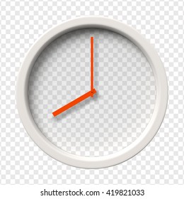 Realistic Wall Clock. Eight o'clock am or pm. Transparent face. Red hands. Ready to apply. Graphic element for documents, templates, posters, flyers. Vector illustration