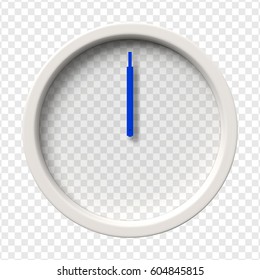 Realistic Wall Clock. Midnight. Midday. Twelve oclock. Transparent face. Blue hands. Ready to apply. Graphic element for documents, templates, posters or flyers Vector illustration.