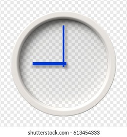 Realistic Wall Clock. Nine oclock am or pm. Transparent face. Blue hands. Ready to apply. Graphic element for documents, templates, posters, flyers. Vector illustration.