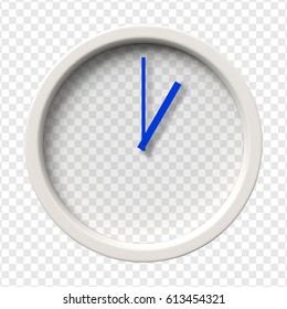 Realistic Wall Clock. One oclock am or pm. Transparent face. Blue hands. Ready to apply. Graphic element for documents, templates, posters, flyers. Vector illustration.