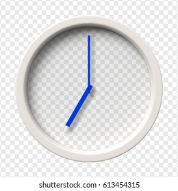 Realistic Wall Clock. Seven oclock am or pm. Transparent face. Blue hands. Ready to apply. Graphic element for documents, templates, posters, flyers. Vector illustration.