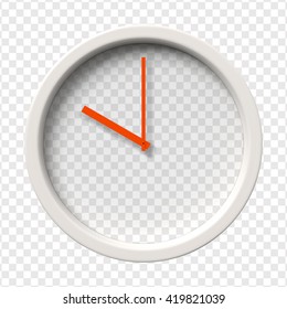 Realistic Wall Clock. Ten o'clock am or pm.  Transparent face. Red hands. Ready to apply. Graphic element for documents, templates, posters, flyers. Vector illustration