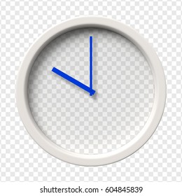 Realistic Wall Clock. Ten oclock am or pm. Transparent face. Blue hands. Ready to apply. Graphic element for documents, templates, posters, flyers. Vector illustration.