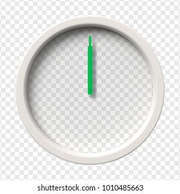 Realistic Wall Clock with transparent face showing midday or midnight. Vector illustration.