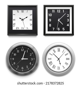 Realistic wall clocks. Modern round and square silver office or home clocks. Classical white and black dial with hands pointing hours, minute and seconds time vector illustration isolated set