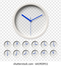 Realistic Wall Clocks set. Transparent face. One clock for every hour. Blue hands. Ready to apply. Graphic element for documents, templates, posters, flyers. Vector illustration.