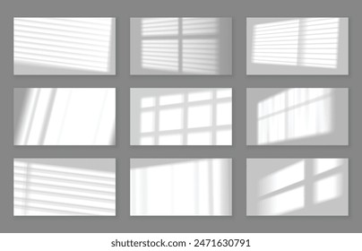 Realistic wall with gobo shadow. Window frame and blinds shadows cast on white studio background, lightning effect overlay vector set.