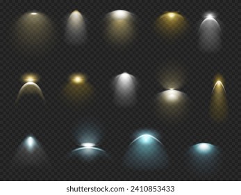 Realistic wall lamp light effect with rays and bulbs. Vector isolated illumination shining and glowing for interior or products showcase. Spotlight for stage or shop, scene with sconces