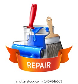 Realistic wall painter tools set. 3d paint roller, brush and bucket with pink paint. Vector redecoration equipment, wall decoration workers design. Labour day holiday, artistic workers elements.