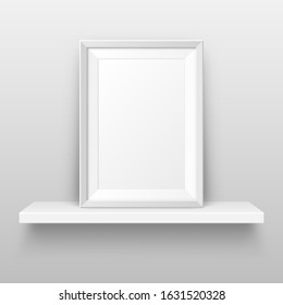 Realistic wall shelf with empty picture frame. Poster mockup for design. Vector Illustration.