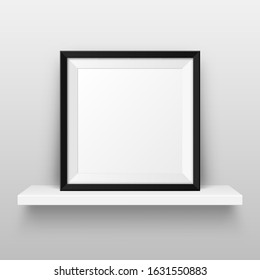 Realistic wall shelf with empty picture frame. Poster mockup for design. Vector Illustration.