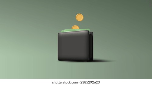 Realistic wallet with cash and coins on a green background. 3D image for business, banking, and investment concepts. Banner for currency transactions.