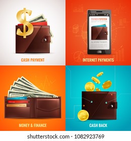 Realistic wallet design concept with images of classic leather billford coin payment symbols and smartphone application vector illustration