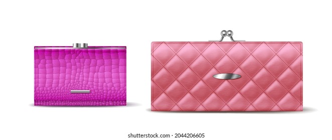 Realistische Brieftaschen aus rosafarbenem Lederset. Geschenktasche für weibliche Accessoires und zweifache für Geld- und Kreditkartenspeicherung einzeln auf weißem Hintergrund. 3D-Vektorgrafik