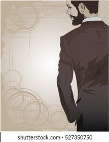 realistic wallpaper background of a bearded business man in brown suit looking to the left from behind with brown line texture  and circle background pattern