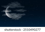 Realistic waning crescent moon on night sky background with soft cummulus clouds and stars