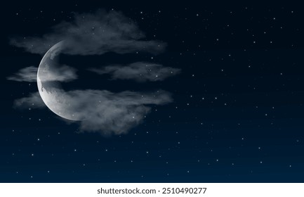 Realistic waning crescent moon on night sky background with soft cummulus clouds and stars