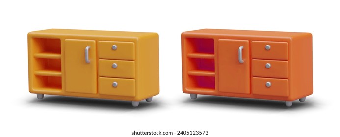 Realistic wardrobe in yellow and orange colors. Set for computer online game. Models for online store. Vector illustration in 3d style with shadow on white background