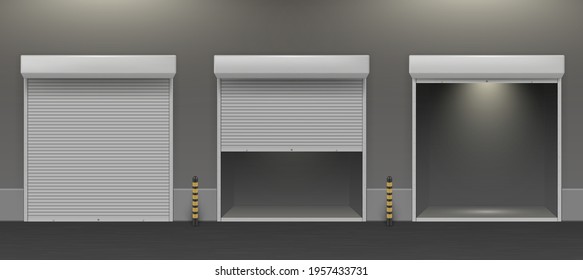 Realistic Warehouse Entrance With Open And Closed Roll Shutters With Gray Concrete Wall. Different Roller Doors At Hallway In Commercial Garage. Building Facade Exterior With Automatic Door