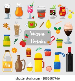 Realistic warm drinks. Vector illustration set. Beautiful icon. Cute illustration. Coffe, wine, tea, punch. Cocktail set.