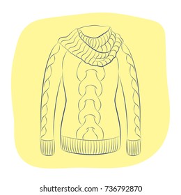 A realistic warm jumper or knitted sweater with a large collar. Women fashion winter clothes. Contour object on an yellow background. Vector sketch illustration in hand drawing style for your design