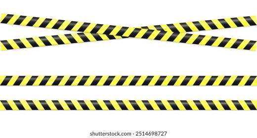 Realistic Warning tape with yellow and black diagonal stripes. Warn stop seamless line. Yellow and black caution tape border. Vector design illustration with shadow isolate on white background.
