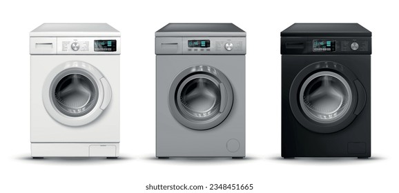 Realistic washing machine color set with three isolated images of white grey and black laundry machines vector illustration