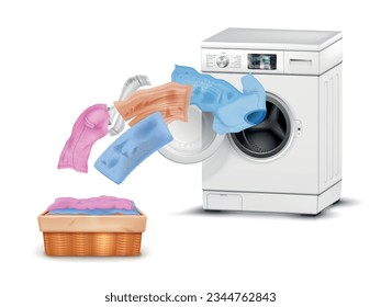 Realistic washing machine composition with isolated view of laundry flying out of machine door to basin vector illustration