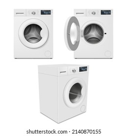 Realistic washing machine different view collection vector illustration. Modern domestic laundromat 3d mockup laundry household appliance for chores isolated. Electrical device for fabric hygiene