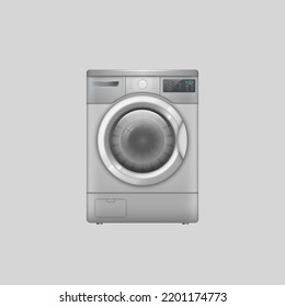 Realistic washing machine domestic electronic device. 3d household appliances for cleaning laundry at home. Washer, automatic machine to wash garment with water and detergent. Vector illustration