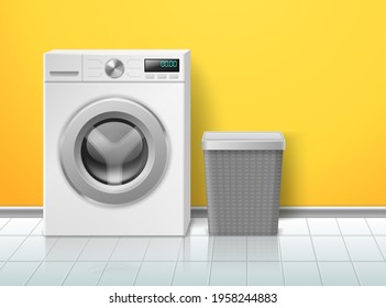 Lavadora realista. Lavadora electrónica vacía, cesta de lavado en el baño, dispositivo doméstico en interiores minimalistas, objeto 3d de vista frontal, electrodomésticos y concepto vectorial detergente