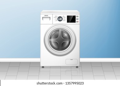 Realistic washing machine in empty laundry room. White washer front view. Modern home appliances. vector illustration