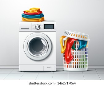 Realistic washing machine with fresh clean folded clothing and laundry basket with dirty cloth. Modern laundromat, 3d laundry, washing appliance for household chores. Vector bathroom equipment