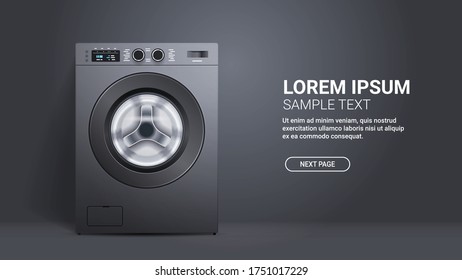 realistic washing machine front view of steel washer domestic appliance concept horizontal copy space vector illustration