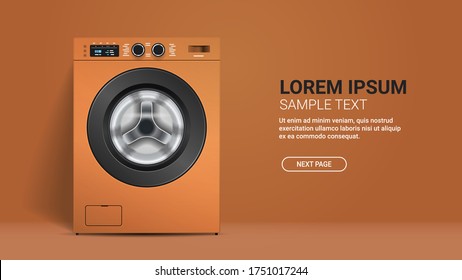 realistic washing machine front view of orange washer domestic appliance concept horizontal copy space vector illustration