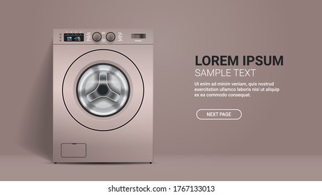 realistic washing machine front view of steel washer domestic appliance concept horizontal copy space vector illustration